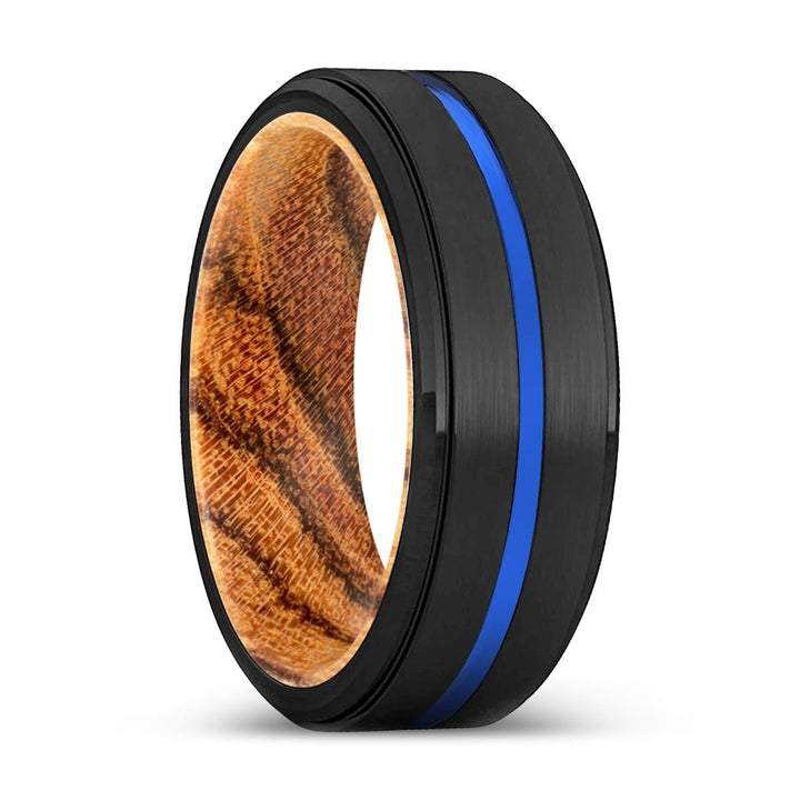 BURST | Bocote Wood, Black Tungsten Ring, Blue Groove, Stepped Edge - Rings - Aydins Jewelry - 1