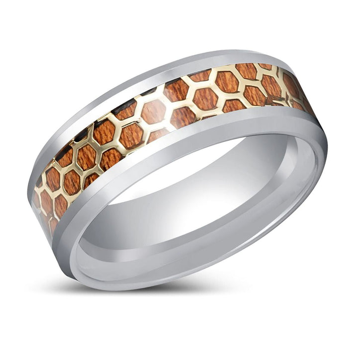 BUZZARD | Silver Tungsten Ring, Honeycomb, Rosewood Inlay, Beveled Edge - Rings - Aydins Jewelry - 2