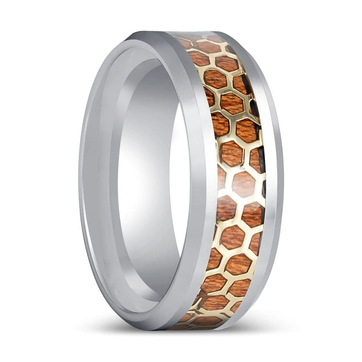 BUZZARD | Silver Tungsten Ring, Honeycomb, Rosewood Inlay, Beveled Edge - Rings - Aydins Jewelry - 1