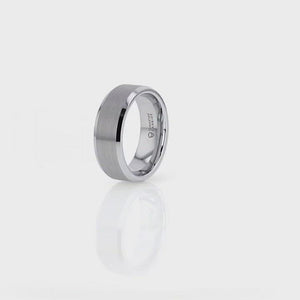 SHEFFIELD Silver Tungsten Ring with brushed center and polished beveled edge on a display.