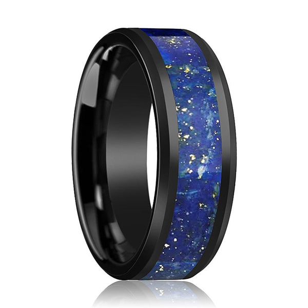 CAELAN | Black Ceramic Ring, Blue Lapis Inlay, Beveled - Rings - Aydins Jewelry