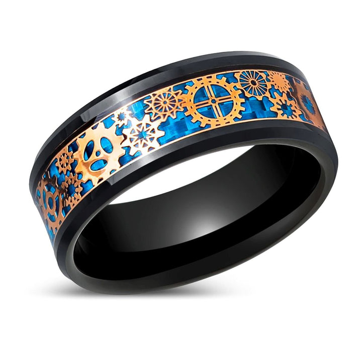 CARBULEUM | Black Tungsten Ring, Steampunk Carbon Fiber Inlay, Beveled - Rings - Aydins Jewelry - 2