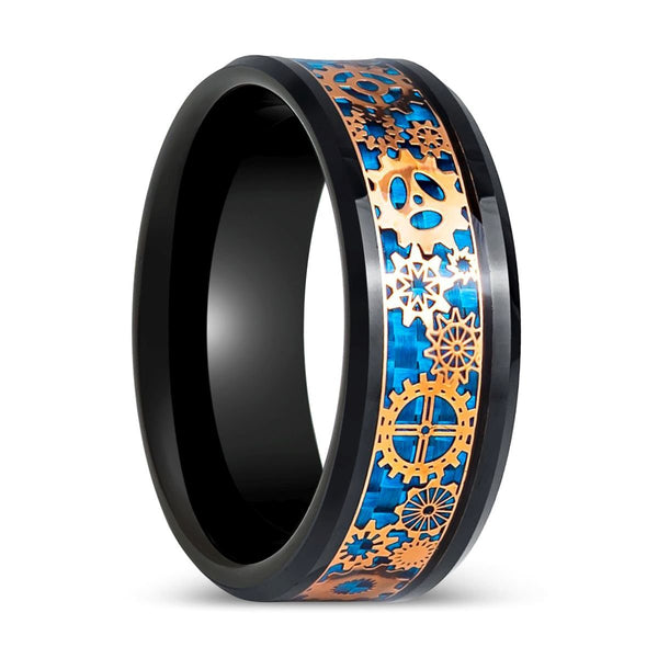 CARBULEUM | Black Tungsten Ring, Steampunk Carbon Fiber Inlay, Beveled - Rings - Aydins Jewelry
