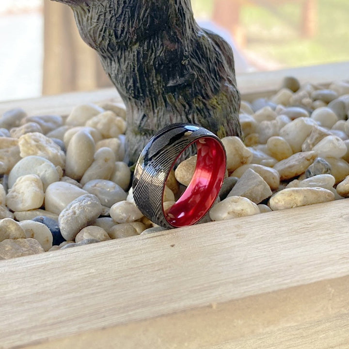 CARDINAL | Red Ring, Gunmetal Damascus Steel Ring, Domed - Rings - Aydins Jewelry