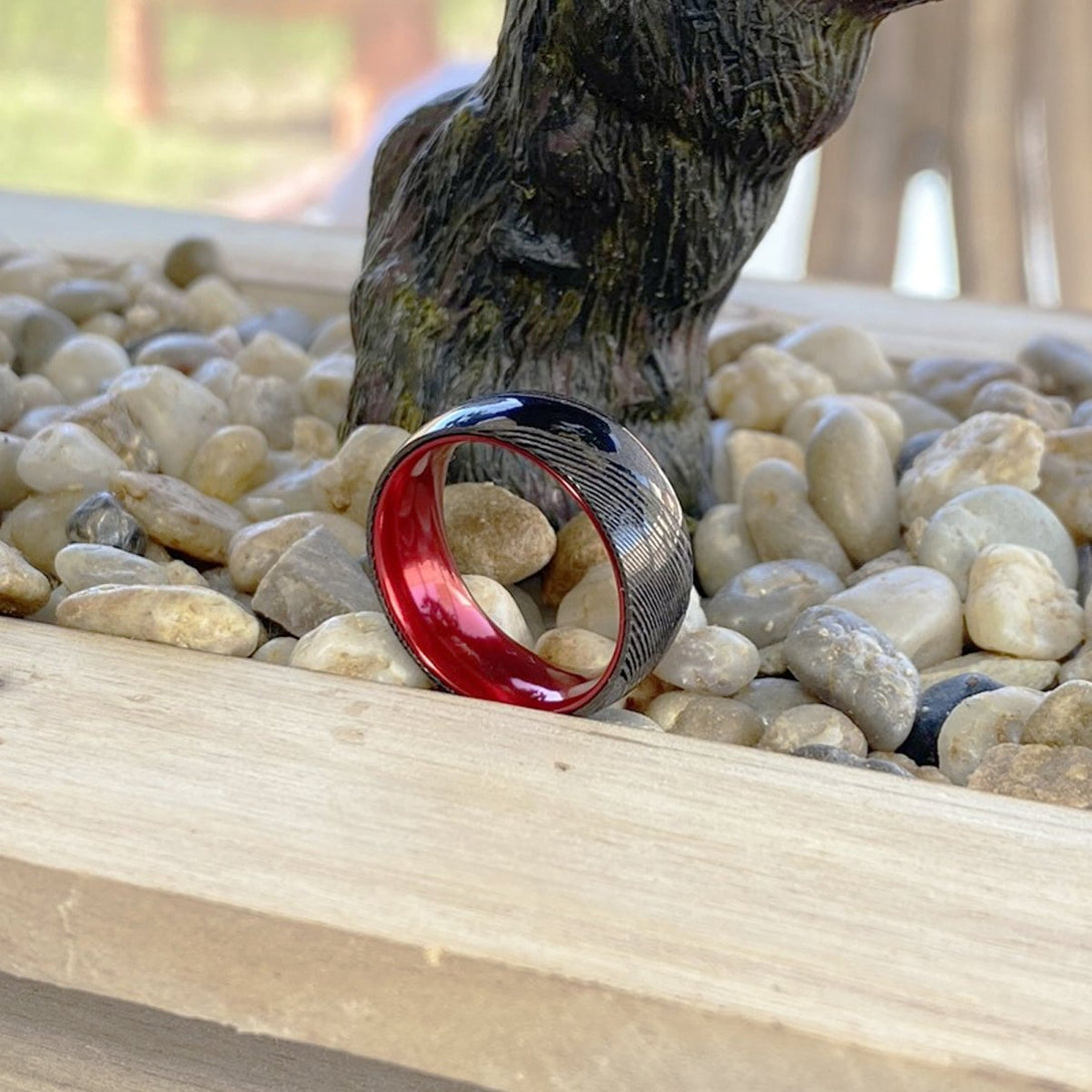 CARDINAL | Red Ring, Gunmetal Damascus Steel Ring, Domed - Rings - Aydins Jewelry - 6