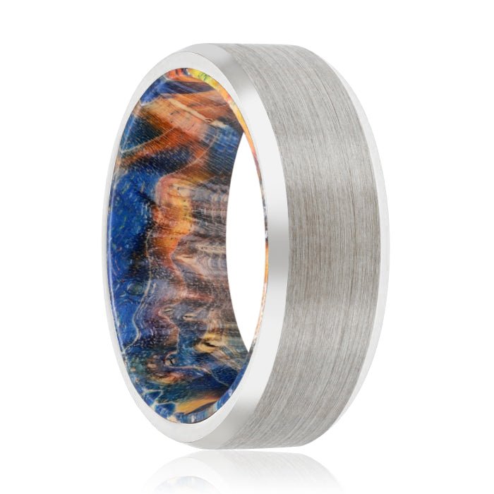 CARLOS | Blue & Yellow/Orange Wood, Silver Tungsten Ring, Brushed, Beveled - Rings - Aydins Jewelry - 1