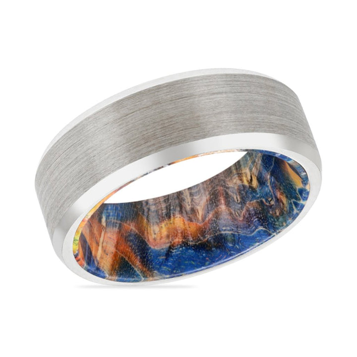 CARLOS | Blue & Yellow/Orange Wood, Silver Tungsten Ring, Brushed, Beveled - Rings - Aydins Jewelry - 2