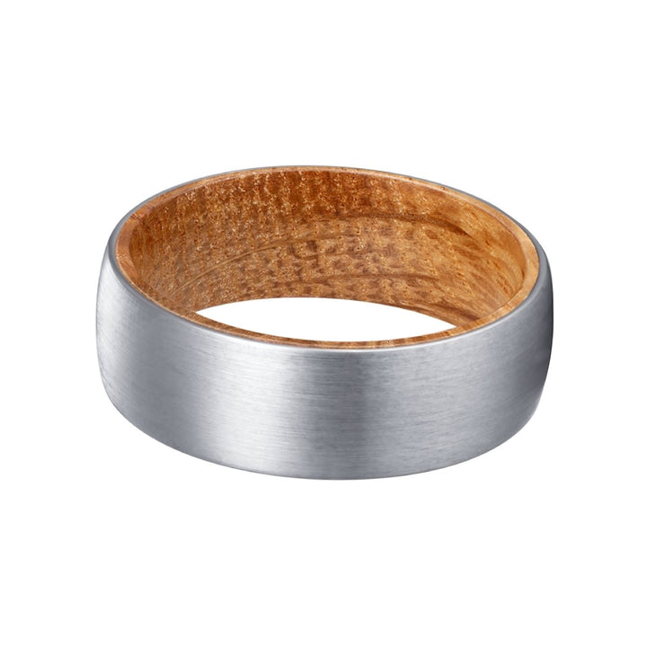 CARLTON | Whiskey Barrel Wood, Silver Tungsten Ring, Brushed, Domed - Rings - Aydins Jewelry - 2