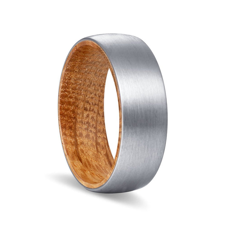 CARLTON | Whiskey Barrel Wood, Silver Tungsten Ring, Brushed, Domed - Rings - Aydins Jewelry - 1