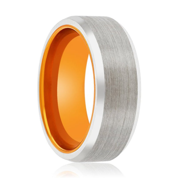 CARMELLO | Orange Ring, Silver Tungsten Ring, Brushed, Beveled - Rings - Aydins Jewelry - 1