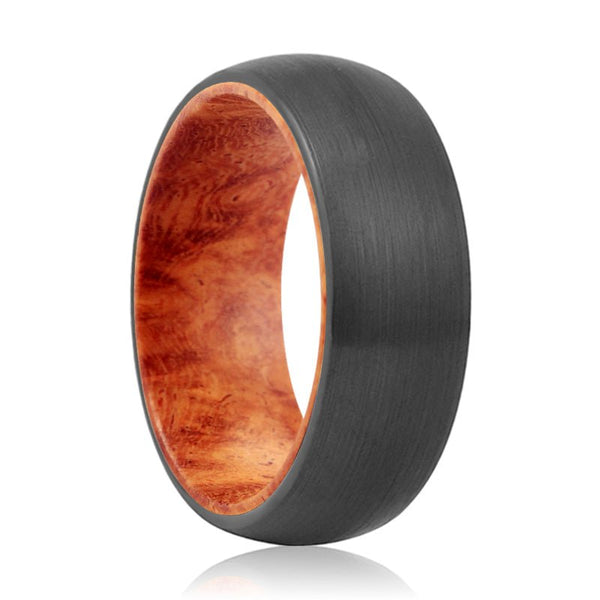 CARMINE | Red Burl Wood, Black Tungsten Ring, Brushed, Domed - Rings - Aydins Jewelry - 1