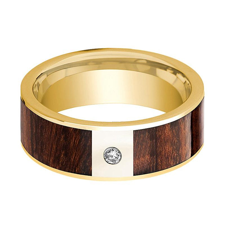Carpathian Wood Inlaid Men's 14k Gold Wedding Band with White Diamond in Center - 8MM - Rings - Aydins Jewelry