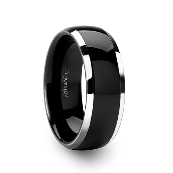 CARRERA | Black Ceramic Ring, Silver Edges, Beveled - Rings - Aydins Jewelry