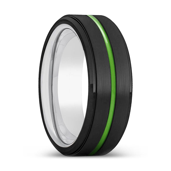 CARROLLTON | Silver Ring, Black Tungsten Ring, Green Groove, Stepped Edge - Rings - Aydins Jewelry - 1