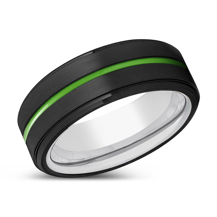 CARROLLTON | Silver Ring, Black Tungsten Ring, Green Groove, Stepped Edge - Rings - Aydins Jewelry - 2