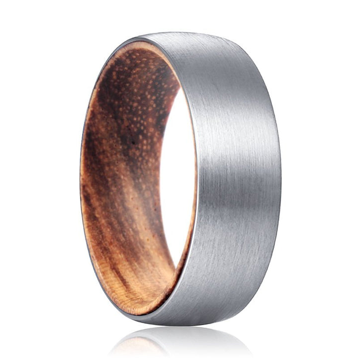 CARSON | Zebra Wood, Silver Tungsten Ring, Brushed, Domed - Rings - Aydins Jewelry - 1
