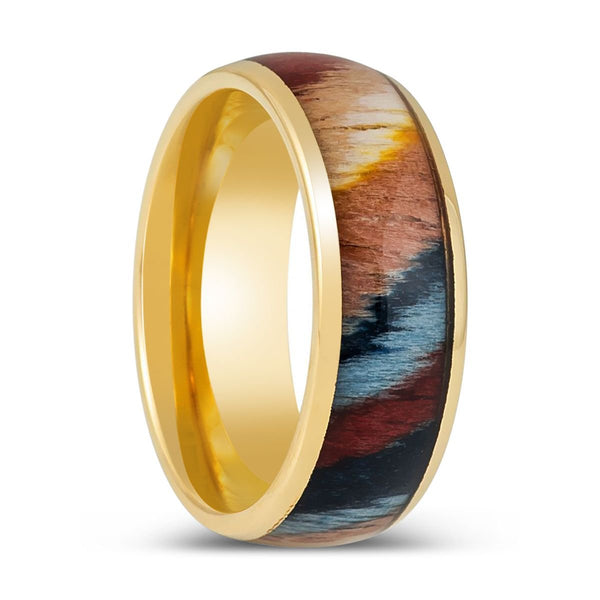 CARVEDEN - Yellow Tungsten Ring, Colorful Dyed Rosewood Inlay - Rings - Aydins Jewelry