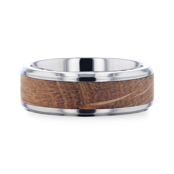 CASK | Silver Titanium Ring, Whiskey Barrel Wood Inlay, Beveled - Rings - Aydins Jewelry - 3