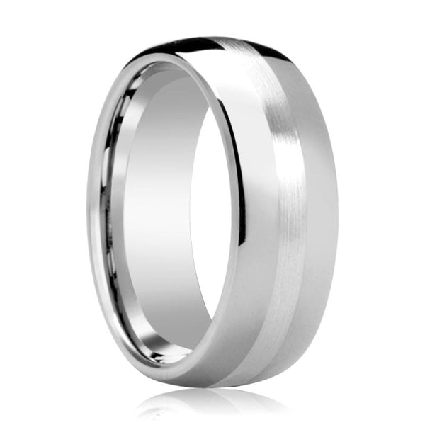 CASSIUS | Silver Tungsten Ring, Sterling Silver Stripe Inlay, Domed