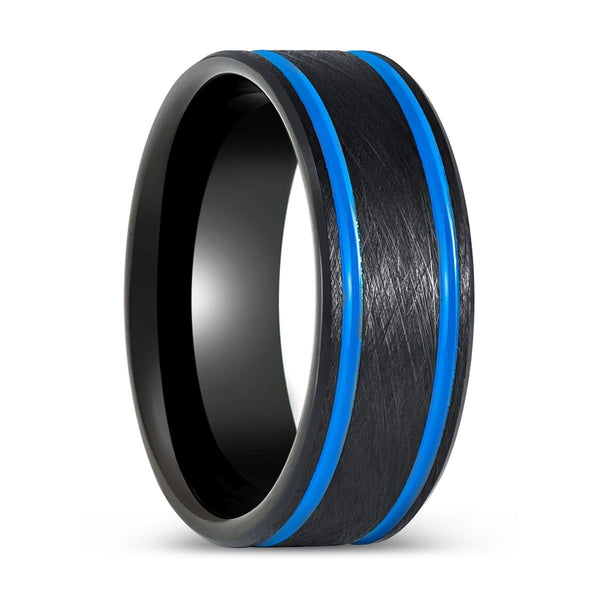 CASTOR | Black Tungsten Ring Blue Off Center Grooves - Rings - Aydins Jewelry