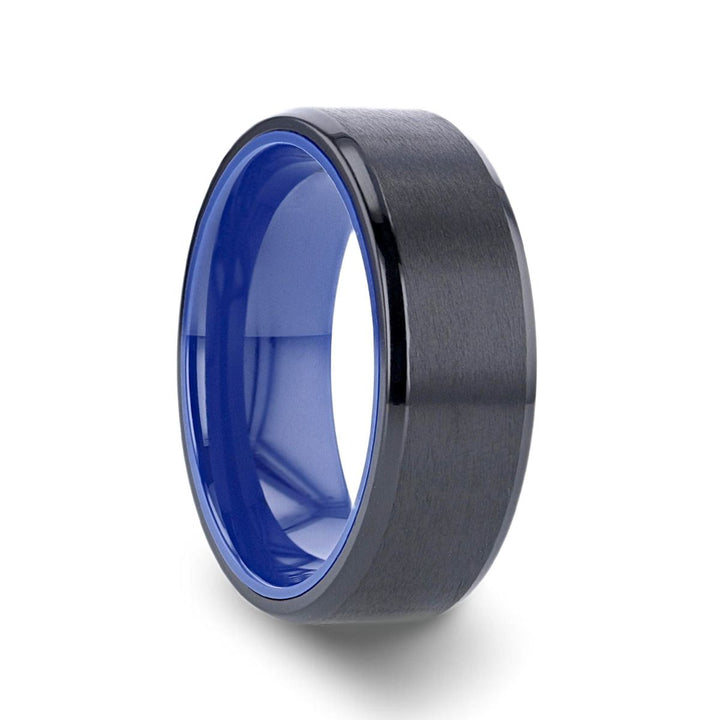 CASTOR | Blue Titanium Ring, Black Brushed, Beveled - Rings - Aydins Jewelry - 1