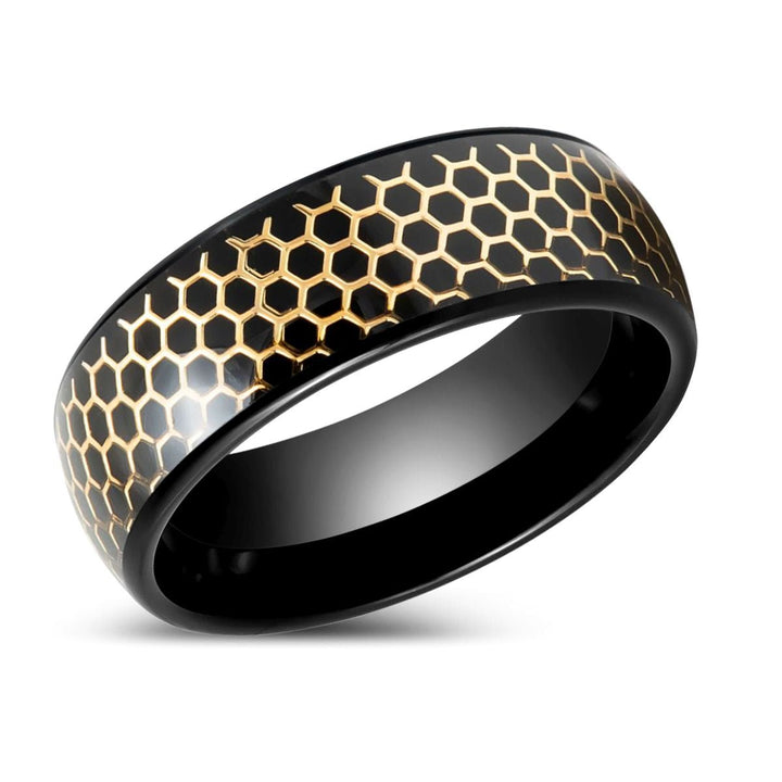 CASTORLAND | Black Tungsten Ring with Yellow Gold Honeycomb Inlay - Rings - Aydins Jewelry - 2