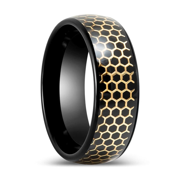 CASTORLAND | Black Tungsten Ring with Yellow Gold Honeycomb Inlay