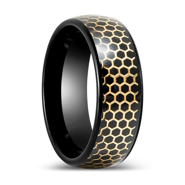 CASTORLAND | Black Tungsten Ring with Yellow Gold Honeycomb Inlay - Rings - Aydins Jewelry - 1
