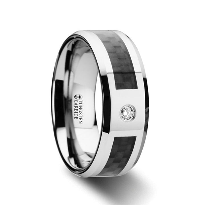 CAYMAN | Silver Tungsten Ring, Black Carbon Fiber, Diamond, Beveled - Rings - Aydins Jewelry - 1