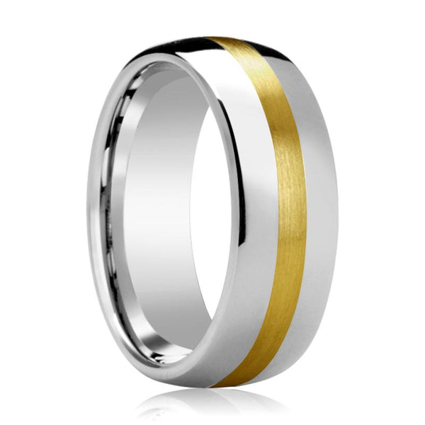 CENTURION | Silver Tungsten Ring, 14k Yellow Gold Stripe Inlay, Domed - Rings - Aydins Jewelry