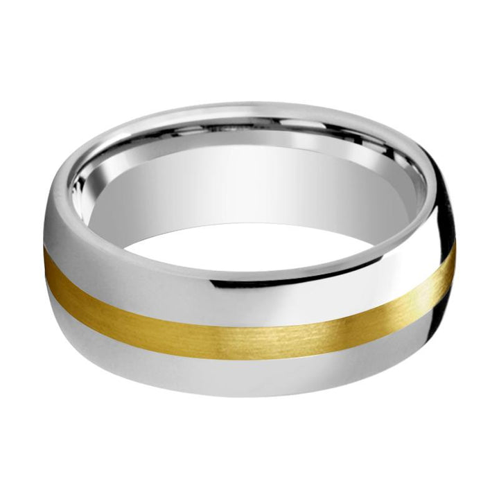 CENTURION | Silver Tungsten Ring, 14k Yellow Gold Stripe Inlay, Domed - Rings - Aydins Jewelry - 2