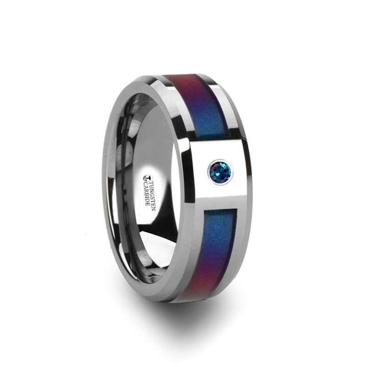 CERULEAN | Silver Tungsten Ring, Blue & Purple Inlay, Alexandrite Stone, Beveled - Rings - Aydins Jewelry