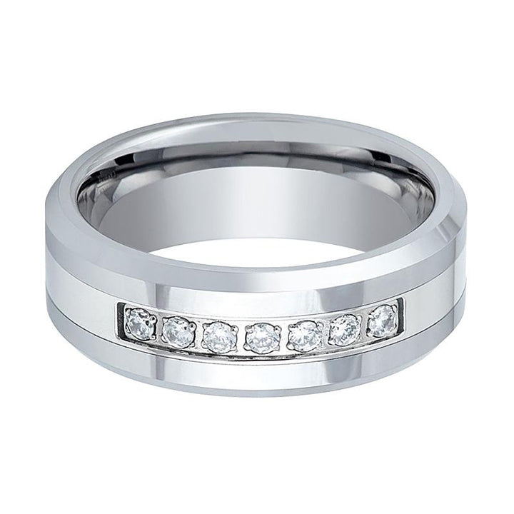 CETUS | Silver Tungsten Ring, 7 White CZ Diamonds, Beveled - Rings - Aydins Jewelry