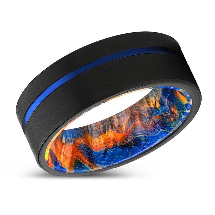 CHAKRA | Blue & Yellow/Orange Wood, Black Tungsten Ring, Blue Offset Groove, Flat - Rings - Aydins Jewelry - 2