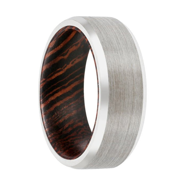 CHAMP | Wenge Wood, Silver Tungsten Ring, Brushed, Beveled - Rings - Aydins Jewelry - 1
