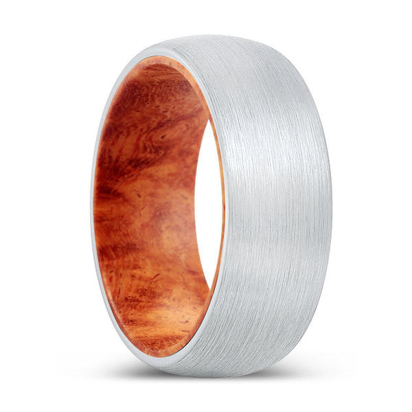 CHAOS | Red Burl Wood, White Tungsten Ring, Brushed, Domed - Rings - Aydins Jewelry - 1