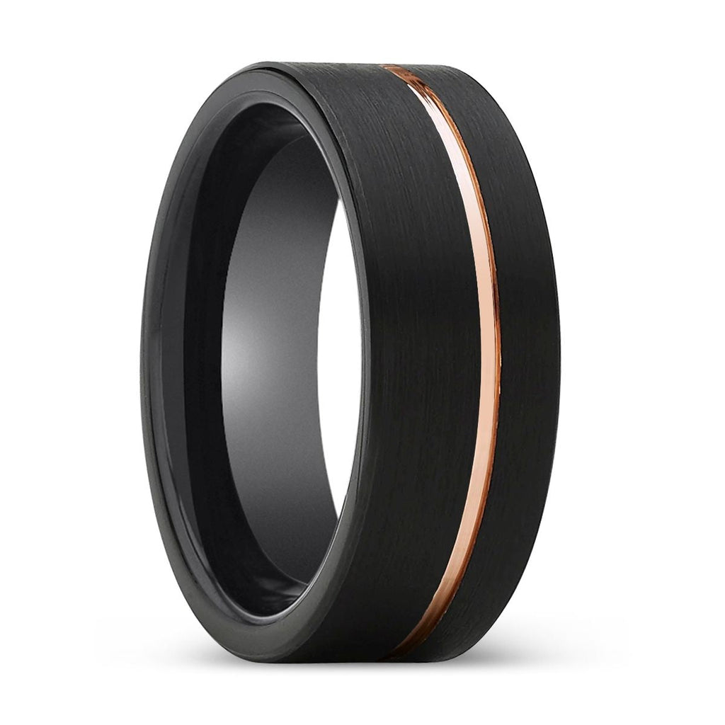 CHARGER | Black Ring, Black Tungsten Ring, Rose Gold Offset Groove, Brushed, Flat
