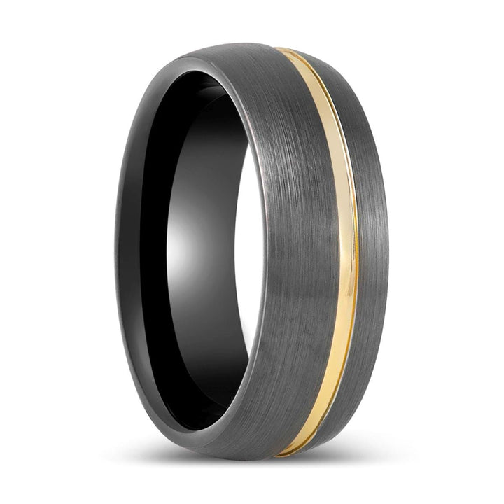 CHARGOLD | Gun Metal Tungsten Ring, Offset Gold Groove, Domed - Rings - Aydins Jewelry - 1