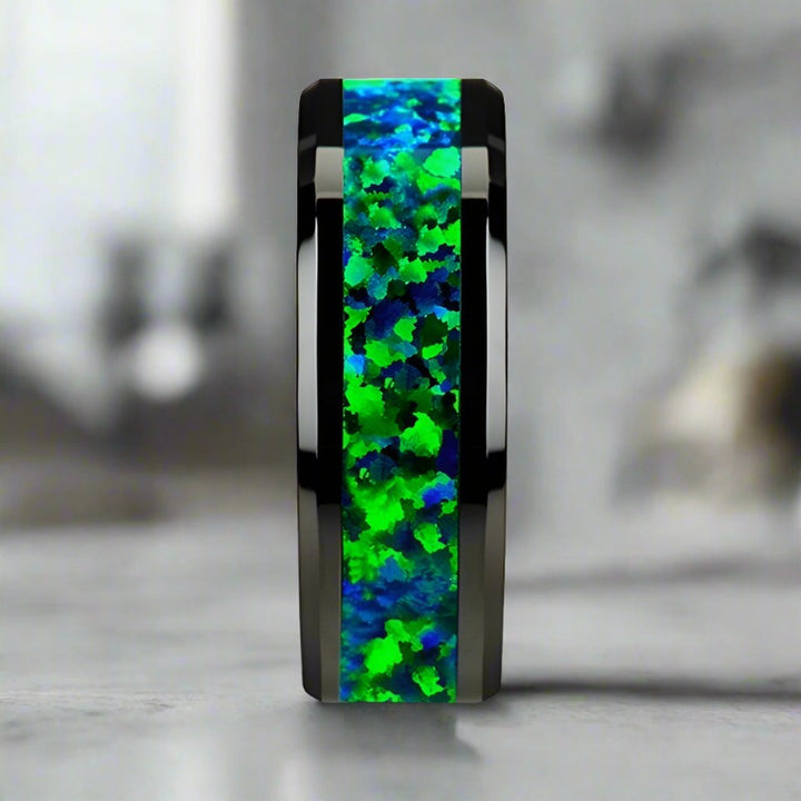 CHARLIE | Black Ceramic Ring, Emerald Green & Sapphire Blue Opal Inlay, Beveled - Rings - Aydins Jewelry - 4