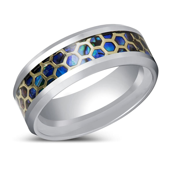 CHAZY | Silver Tungsten Ring, Honeycomb Abalone Inlay, Beveled Edge - Rings - Aydins Jewelry