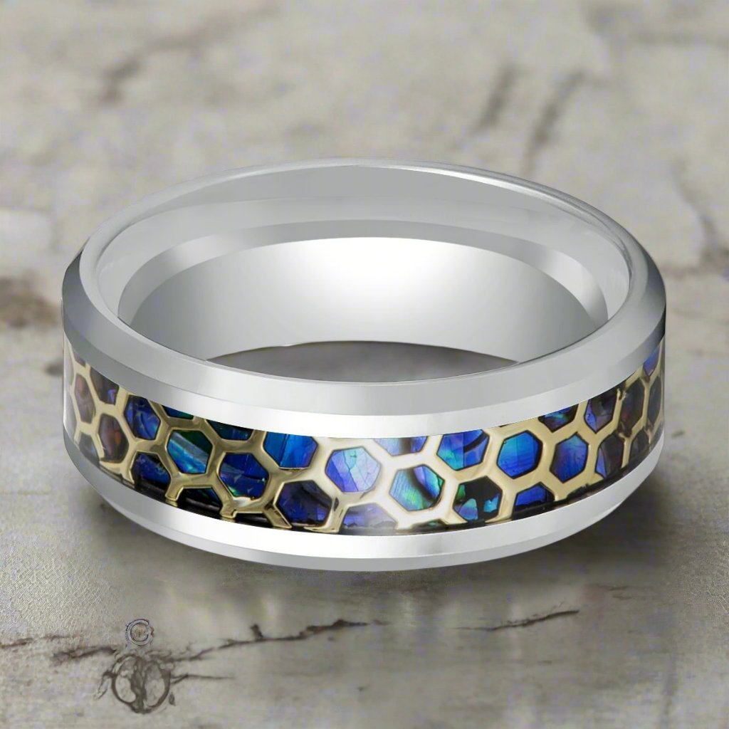 Aydins Jewelry's CHAZY Ring - Beveled Edge and Unique Abalone Honeycomb Design