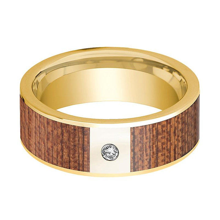 Cherry Wood Inlaid Men's 14k Gold Wedding Band with White Diamond in Center - 8MM - Rings - Aydins Jewelry
