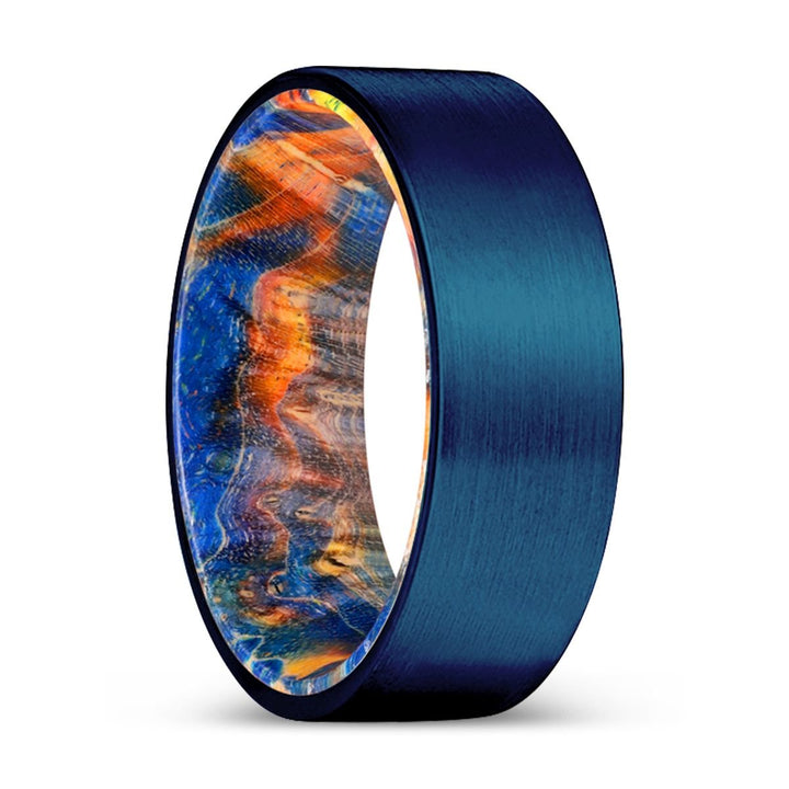 CHIEF | Blue & Yellow/Orange Wood, Blue Tungsten Ring, Brushed, Flat - Rings - Aydins Jewelry