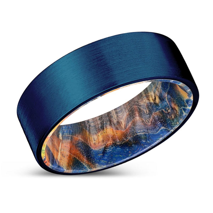 CHIEF | Blue & Yellow/Orange Wood, Blue Tungsten Ring, Brushed, Flat - Rings - Aydins Jewelry - 2