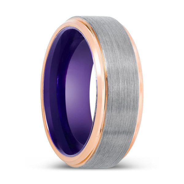 CHIPPER | Purple Ring, Silver Tungsten Ring, Brushed, Rose Gold Stepped Edge - Rings - Aydins Jewelry