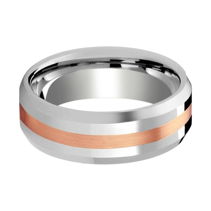 CHIRON | Silver Tungsten Ring, 14k Rose Gold Stripe Inlay, Beveled - Rings - Aydins Jewelry - 2