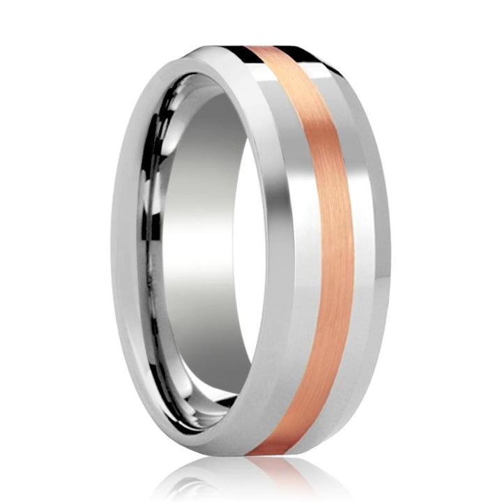 CHIRON | Silver Tungsten Ring, 14k Rose Gold Stripe Inlay, Beveled - Rings - Aydins Jewelry