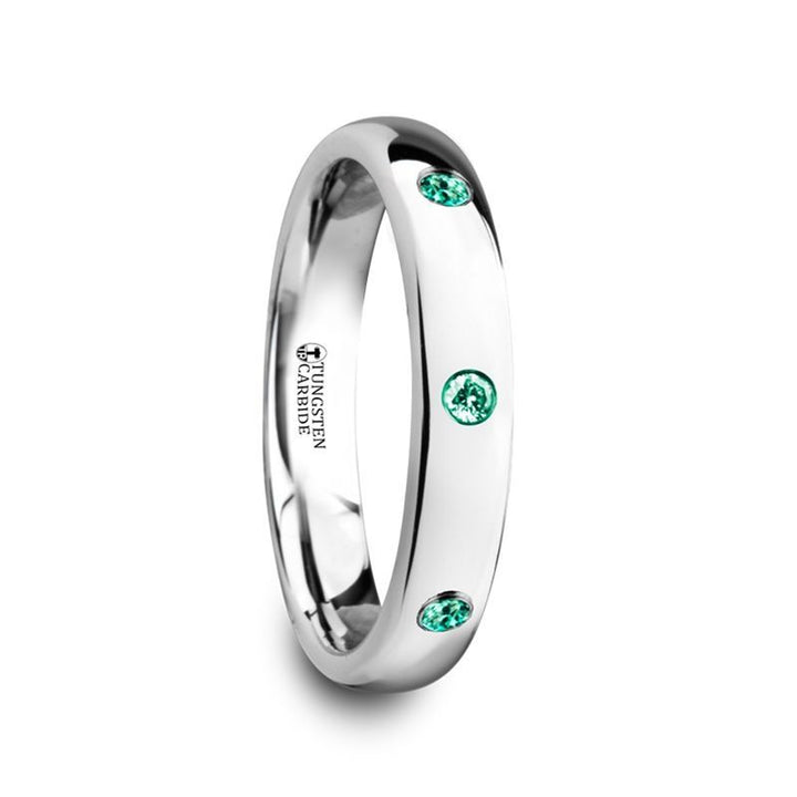 CHLOE | Women's Silver Tungsten Ring, 3 Green Emeralds, Domed - Rings - Aydins Jewelry - 1