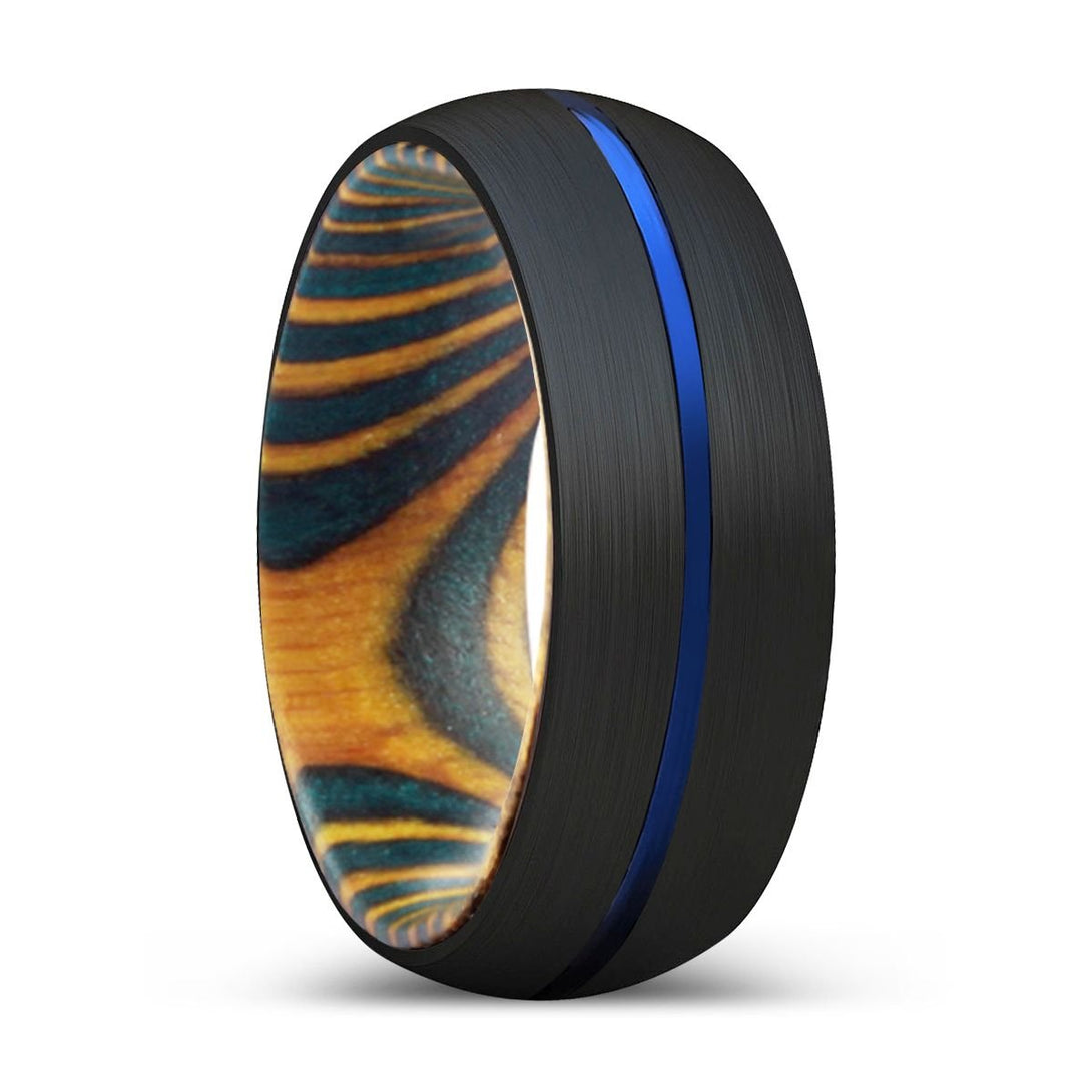 CHRISTIAN | Green & Yellow Wood, Black Tungsten Ring, Blue Groove, Domed - Rings - Aydins Jewelry - 1