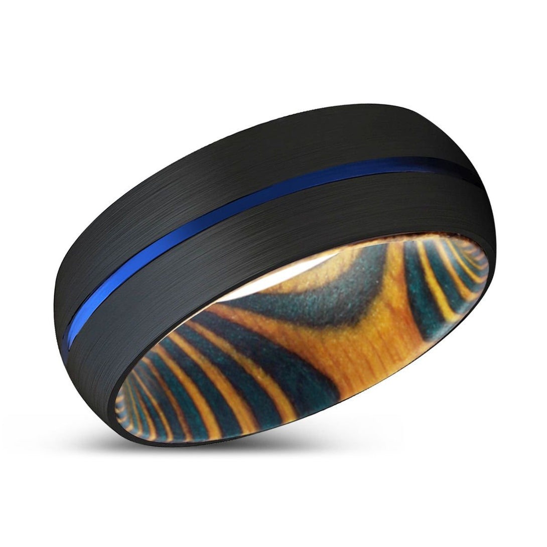 CHRISTIAN | Green & Yellow Wood, Black Tungsten Ring, Blue Groove, Domed - Rings - Aydins Jewelry - 2